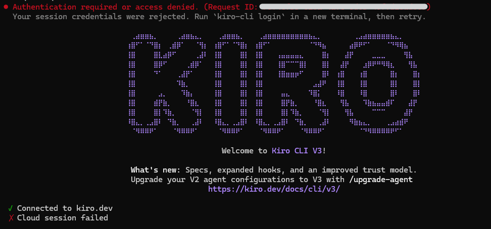 プランを上げても、まだ動きません。IAM Identity Center 組織の場合、AWS コンソールの Kiro 設定画面で「Cloud Sessions (Preview) – formerly Kiro Web」のトグルを ON にする必要があります。