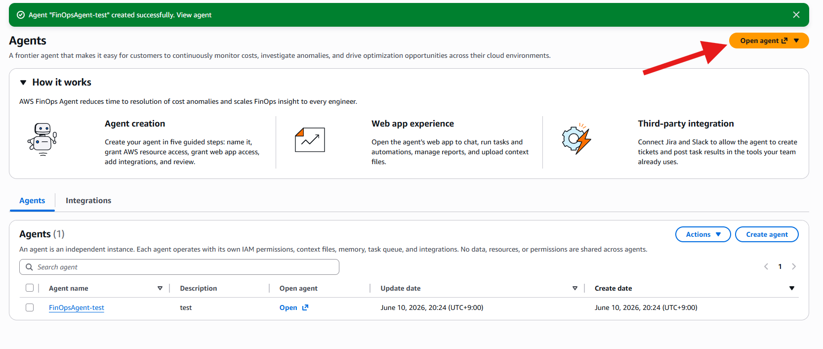 作成に成功すると Agents 一覧に並ぶ。Open(または右上の Open agent)から Web アプリを開く。
