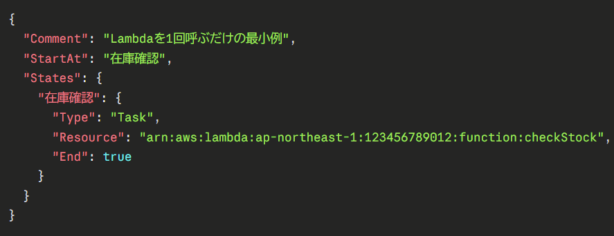 百聞は一見にしかず。「Lambda を1つ呼ぶだけ」を ASL で書くとこうです。