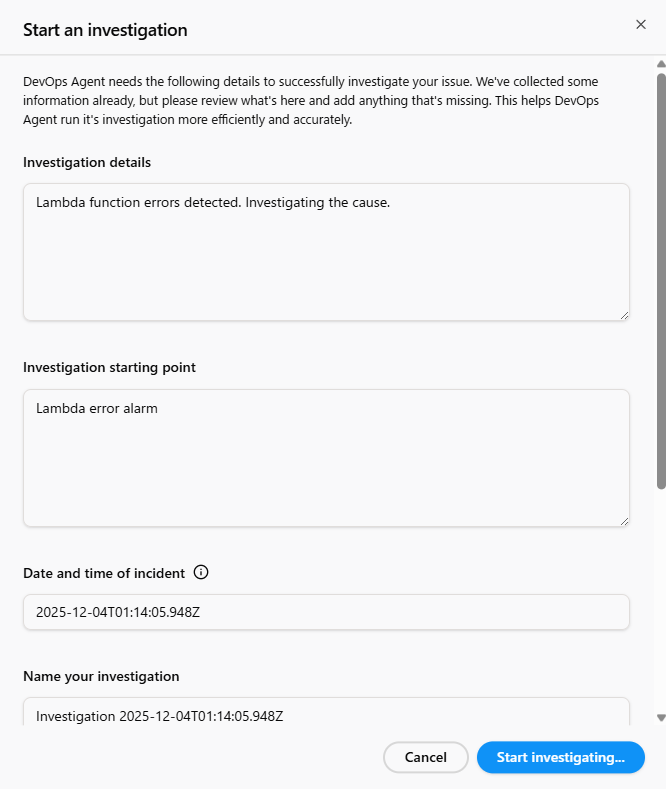 7以下画面に遷移します。「Start Investigation」を押下し、調査する内容と何で気づいたかを入力します。2