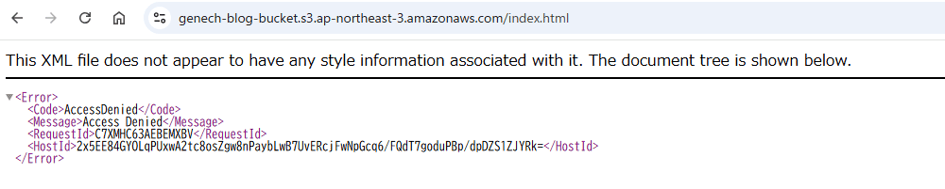 genech-blog-bucket.s3.ap-northeast-3.amazonaws.com/index.html 
This XML file does not appear to have any style information associated with it. The document tree is shown below. 
'-Message>Access 
(Request 
(Host 
</Er ror> 